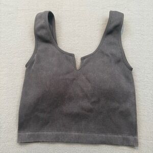 Altar'd State Ribbed Crop Top Womens XS/S Gray Mineral Wash Notched V-Neck 52249